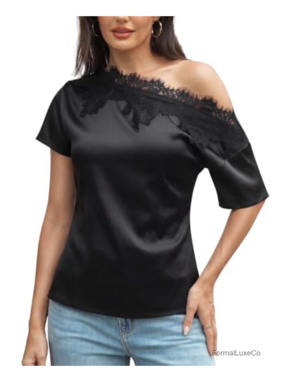 Satin Off Shoulder Lace Asymmetrical Top for Date Night